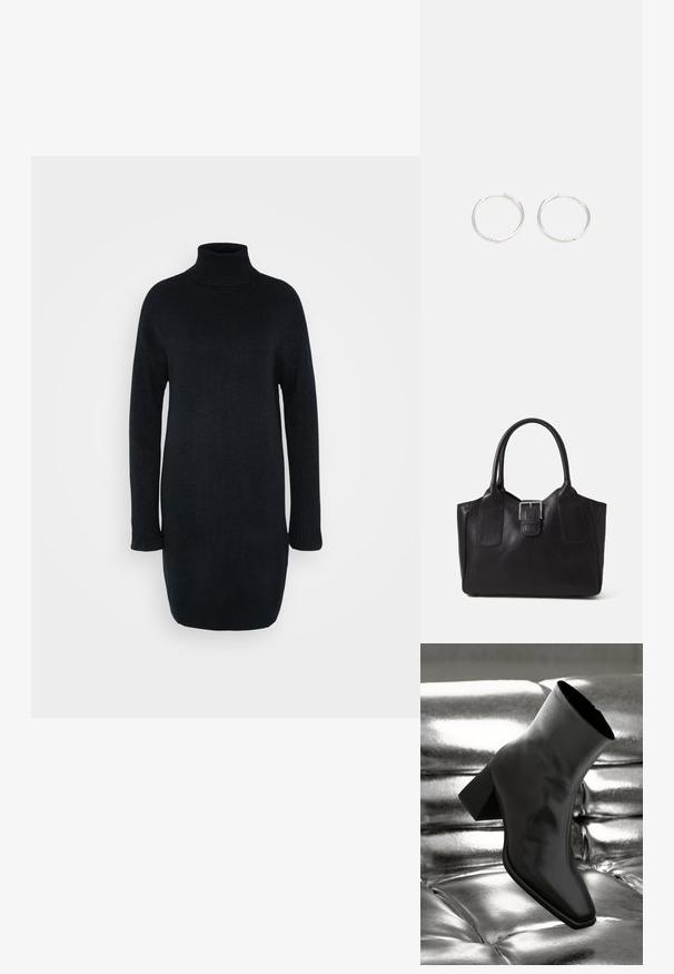 Rochie neagră cu guler înalt, dintr-un material moale și texturat. Mânici lungi cu manșete ribbate, siluetă dreaptă și design până la genunchi.; Cizme negre până la gleznă, realizate dintr-un material lucios, cu vârf pătrat și toc conic, plasate pe un fundal strălucitor de argint, cu un model tuftat.; Geantă tote din piele neagră cu textură netedă, formă structurată, două mânere și un detaliu proeminent din aliaj de argint pe partea din față.; Cercei din argint cu un design elegant și rotund, având o suprafață netedă și fără embellismente vizibile. Diametrul nu este specificat.