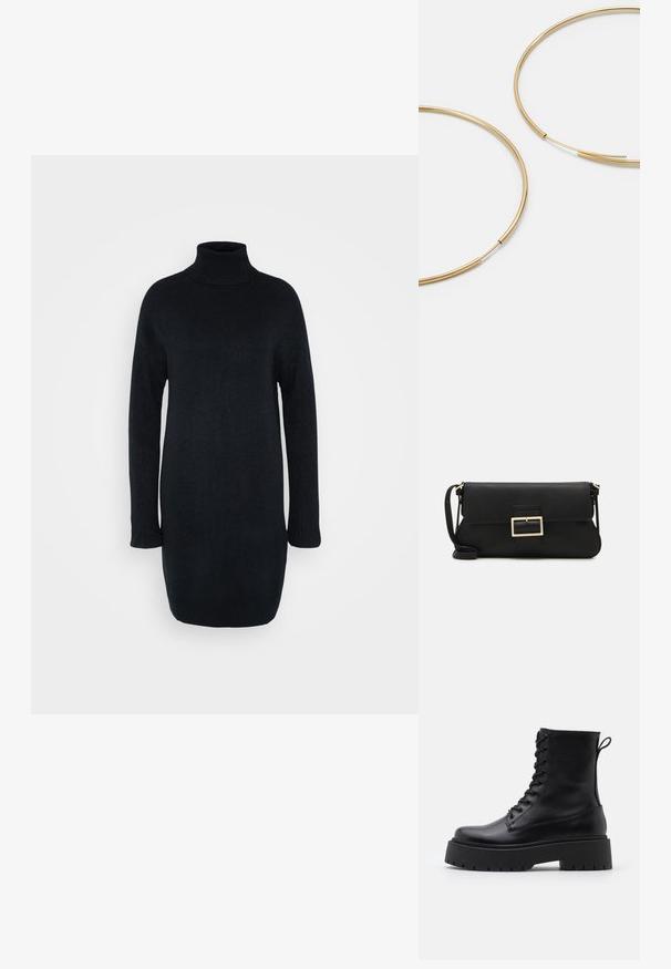 Juodas golfo suknelė, pagaminta iš minkštos, tekstūruotos medžiagos. Ilgos rankovės su raukiniais, tiesus siluetas ir iki kelių siekianti išpjova.; Juodos odinės aulinukės su apvalia nosimi, raišteliais priekyje ir storesniu guminio pado apačioje su tekstūruotu raštu. Priekyje yra kilputė.; Juodas odinis dėkliukas su atvarteliu ir auksinės metalinės sagties detalėmis. Įeina juodas diržas ir elegantiškas, minimalistinis dizainas.; Aukso spalvos žiedo auskarai, ploni ir apvalūs, su lygiu metaliniu paviršiumi be papuošimų ar raštų.