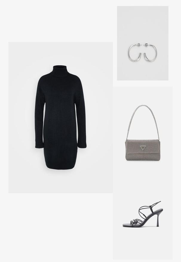 Μαύρο φόρεμα με λαιμόκοψη τύπου πουλόβερ, φτιαγμένο από μαλακό, υφασμάτινο υλικό. Μακριά μανίκια με πλεκτές μανσέτες, ίσια σιλουέτα και μήκος μέχρι το γόνατο.; Μαύρες ψηλοτάκουνες σανδάλες με λεπτές λωρίδες και σχέδιο με κόμπους, λείο τετράγωνο μπροστινό μέρος και κομψό τακούνι στιλέτο.; Ανοικτό γκρι μεταλλική τσάντα χειρός με αλυσίδα, διακοσμημένη με μικρούς κυκλικούς μεταλλικούς στύλους και ένα τριγωνικό λογότυπο της μάρκας.; Ασημένια σκουλαρίκια κρίκοι με λεία, λαμπερή φινίρισμα. Στρογγυλό σχήμα, ελαφρύ σχέδιο, με κλείσιμο τύπου πίσω.