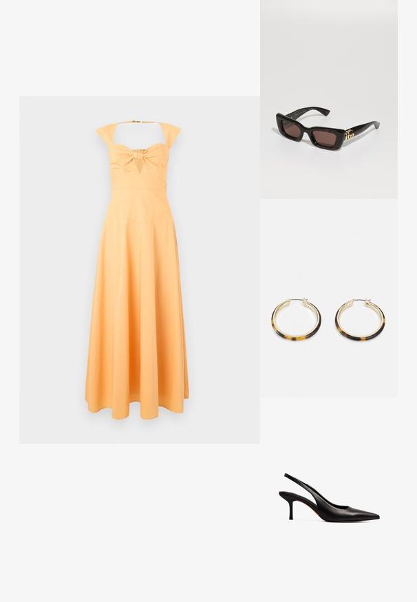 Keltainen mekko, jossa on tiukka vartalonmyötäinen yläosa, nauhahdustus keskikohdassa ja levenevä hame. Laaja olkain ja sileä rakenne.; NA-KD Avokkaat - black; Mustat kilpikonnaruudulliset aurinkolasit, joissa on suorakulmaiset linssit, ruskea sävy, paksu kehys ja kultainen tupla-G-logo yksityiskohta templeissä.; Kultaiset renkaat korvakorut, joissa on kilpikonnakuosiset hartsireunat, sileä pinta ja tyylikäs, pyöreä muoto.