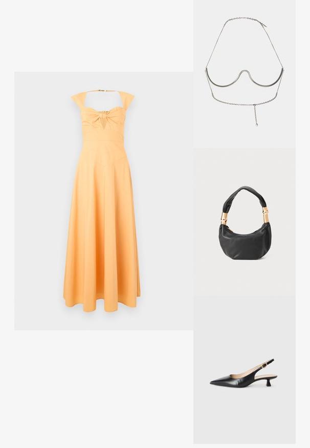 Rumena obleka s prilegajočim korzetom, z detajlom v obliki mašne na sredini in razširjenim krilom. Ima široke naramnice in gladko teksturo.; Črne usnjene slingback čevlje z mačjih petah in oštrim nosom ter zlatim sponko na stranskem traku, na beli podlagi.; Črna usnjena torbica okrogle oblike, mehke teksture, z vozlanim ročajem in zlatimi kovinskimi dodatki. Zadrga za zapiranje.; Cult Gaia ASHA BODY JEWELRY - Drugi dodatki - bright shiny silver-coloured