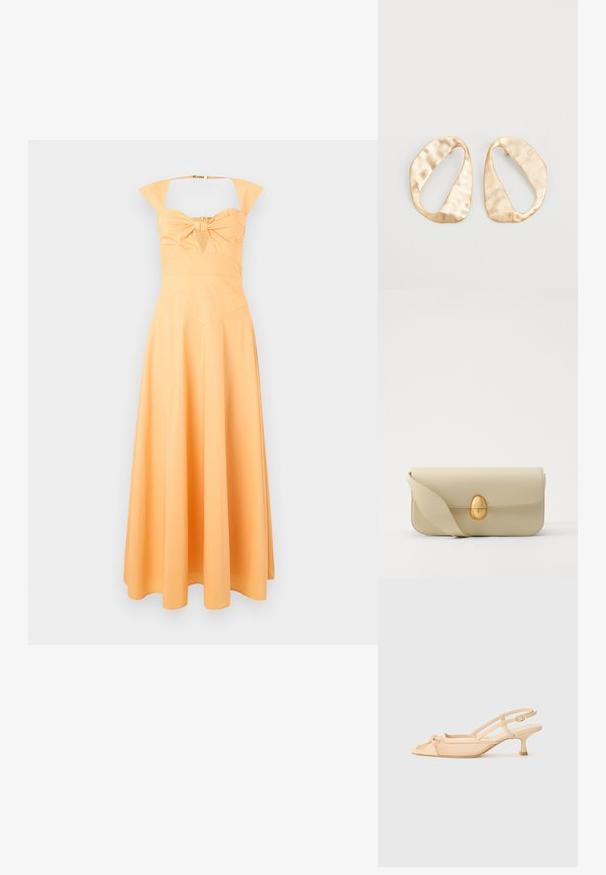 Rumena obleka s prilegajočim korzetom, z detajlom v obliki mašne na sredini in razširjenim krilom. Ima široke naramnice in gladko teksturo.; Stuart Weitzman KITTY - Klasične pete - beige/barely beige; Bež torbica iz usnja z gladko teksturo, pravokotne oblike in z zlatim ovalnim zapenjanjem. Ima dolgo, nastavljivo naramnico.; Par nenavadno ovalnih zlatih metalnih uhani s teksturirano, rahlo udarjeno površino na belem ozadju.