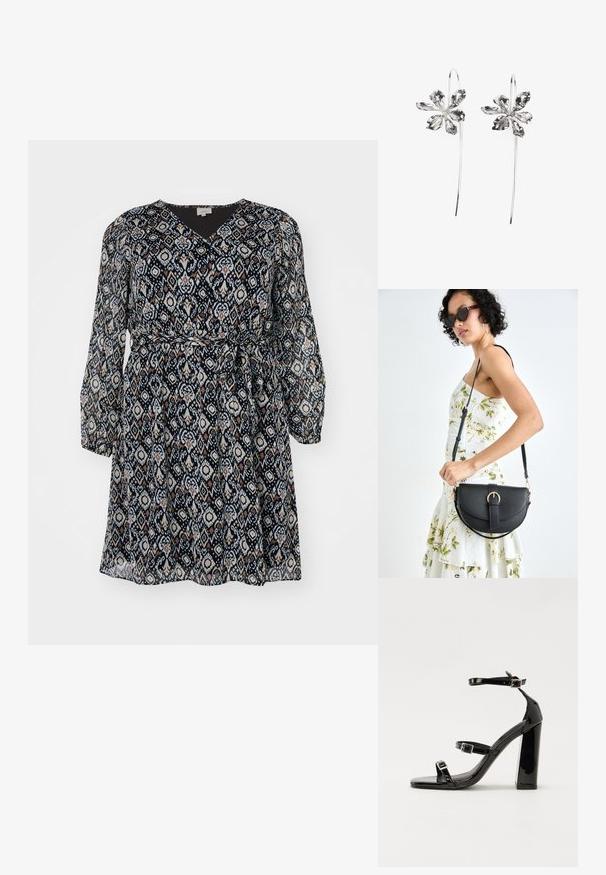 Sorte og kremmønstrete kjole med V-hals, lange ermer og belte i midjen. Lett, flytende stoff med diamantmotiv.; Svarte høyhælte sandaler i lakk med to spennestraps, firkantet tå og en tykk blokkhæl, med en glatt, blank tekstur.; Svart lærveske med en buet form, avtagbar stropp og gullbeslag. Vesken har et klaff med spenne-detall.; Sølvblomstformede ørevipper med en teksturfinish, der har lange kroker og kronbladlignende detaljer for et intrikat design.