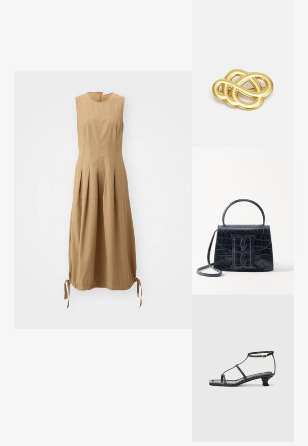 Proenza Schouler White Label MARLEY DRESS IN TECH - Denní šaty - dark birch; Černá kožená sandál s čtveratou špičkou, tenkými popruhy, nastavitelným kotníkovým popruhem a nízkým podpatkem. Obsahuje malý zlatý akcent na popruhu.; Černá kabelka z krokodýlí kůže s embosovaným vzorem, strukturovaným designem, horním uchycením, nastavitelným popruhem a výrazným logem na přední straně.; Brož ve zlatém tónu s uzlovým vzorem, hladkými zakřivenými liniemi a složitým tvarem, odrážející lesklý povrch.