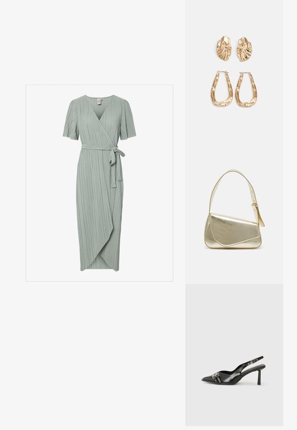 Vestido envolvente verde suave até ao joelho, com mangas curtas, pregas verticais, decote em V e um cinto atado na cintura. O comprimento termina logo abaixo do joelho.; Sapato slingback preto em pele patentada com bico apontado, tiras no tornozelo apresentando fivelas e acessórios prateados, e um salto elegante.; Bolsa de mão metálica dourada com um design estruturado, textura suave e alça ajustável. Apresenta uma forma triangular única e costura minimalista.; Brincos em tom de ouro com formas onduladas e texturizadas. Inclui studs escultóricos com presilha e um design de argola aberta com um acabamento martelado.