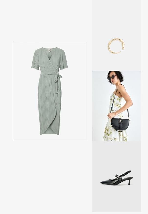 Kratka obleka v mehki zeleni barvi, do kolen, z kratkimi rokavi, navpičnimi gubami, V-izrezom in povezanimi pasom v pasu. Dolžina pade tik pod kolenom.; Črne patent usnjene slingback pete s koničastim nosom in majhnim blok peto, ki vključujejo srebrno zaponko na traku.; Črna usnjena torbica s ukrivljeno obliko, z odstranljivo naramnico in zlatimi dodatki. Torbica ima pokrov s podrobnostmi v obliki zaponke.; Zlati prstan s organskim, zvitim dizajnom, gladko površino in taperiranimi konci, ki ustvarja modernega, skulpturalnega videza.