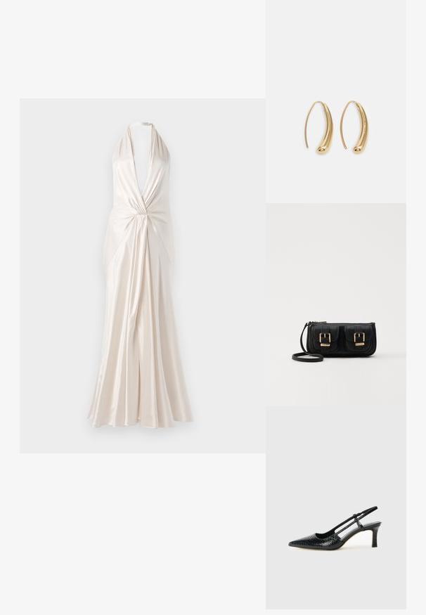 Halter-neck, floor-length dress in silky ivory fabric with a deep V-neck and twisted front detail, featuring flowing skirt and smooth texture.; Black patent slingback heel with a pointed toe, featuring textured snake print, adjustable strap, and a short, textured block heel.; Black leather crossbody bag with two front pockets, gold buckles, zipper closure, and a slim strap. Textured surface and compact rectangular shape.; Gold-tone metal hoop earrings with a curved, elongated shape. Features a smooth, shiny surface and a rounded tip for added detail.