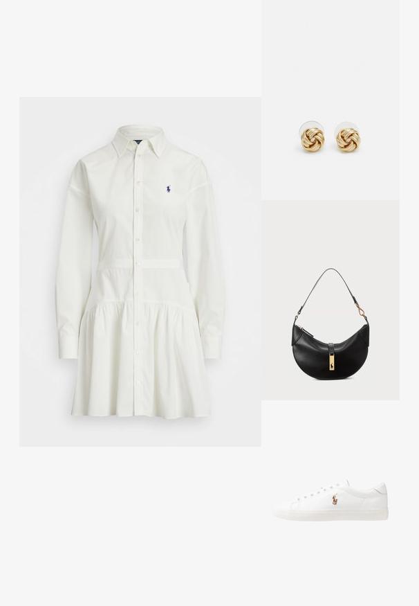 Valge nööbiga särgimekk pikkade varrukatega, koos kogutud seeliku ja istuva taljega. Rinnal on väike tumesinine logo.; Valged nahast tossud, madala ülaservaga disain, millel on sile tekstuur, ümar varvas, nööridega esiosa ja väike tikand logoga küljel.; Must musträik maximum ümmargune nahk kott. Omab kuldse metallist aksessuaari ja kitsast rihma. Sile tekstuur, lukuga sulgemine üleval.; Kuldse tooni sõlm kõrvarõngad, millel on keeratud disain. Igal kõrvarõngal on ringikujuline läbipaistev tagaosa, mis tagab kindla kandmise.