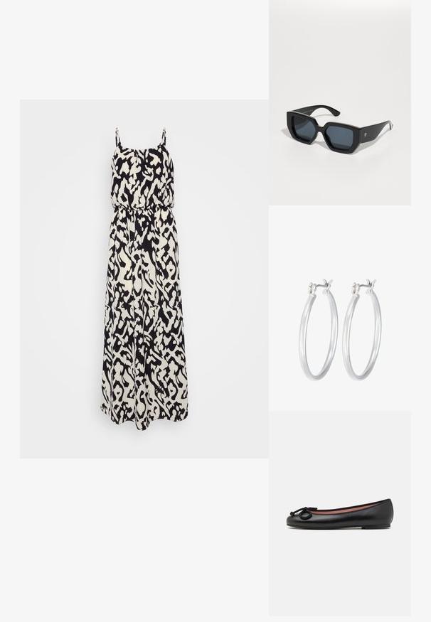 Črna in bela vzorčasta maksi obleka s tankimi naramnicami, elastičnim pasom in tekočim materialom, ki ima abstraktni dizajn in lahkotno teksturo.; Črne usnjene baletke s okroglo konico, opremljene z dekorativno pentljo in gladko teksturo. Minimalističen dizajn z nizkim, ravnim podplatom.; Črne velike sončne očala z geometrijskim dizajnom, pravokotnimi lečami in sijočo površino. Brez vidne blagovne znamke spredaj.; Srebrni obroči za ušesa z gladko, polirano površino. Okrogla oblika in varna zaponka s klikom. Lahka zasnova, primerna za vsakodnevno nošenje.