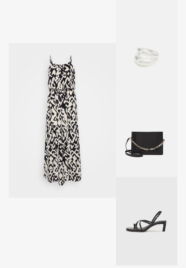 Juodai baltas raštuotas maxi suknelė su plonomis petnešėlėmis, elastinga juosmens juosta ir plaukianti medžiaga, turinti abstraktų raštą ir lengvą tekstūrą.; Juodi šlepetės su kvadratiniu pirštu ir žemu bloku kulnu. Yra keli ploni dirželiai ir reguliuojamas kulkšnies diržas. Pagaminti iš lygios odos.; Juodas odinis per petį nešiojamas krepšys turi lygų paviršių, stačiakampio formą ir metalinę grandinėlę priekyje. Pridedama reguliuojama dirželis.; Sidabrinis dvigubas žiedas su lygiu, poliruotu paviršiumi. Pasižymi sklandžiu, kreiptu dizainu su persipinančiomis dalimis, suteikiančiomis modernų išvaizdą.