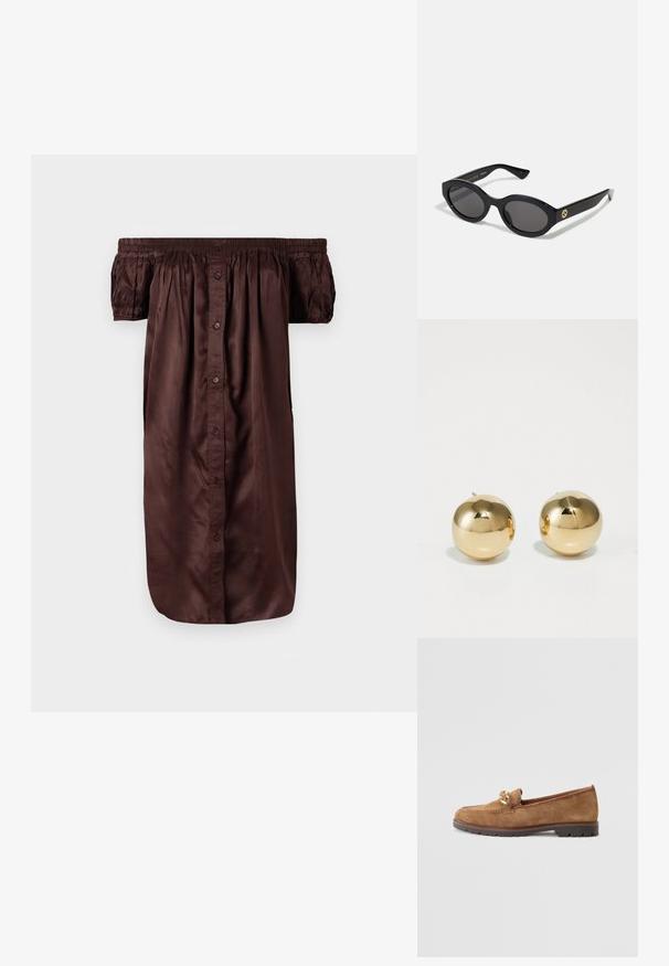 Robe marron décolletée, en tissu lisse, avec un devant à boutons, des manches élastiquées et une silhouette décontractée.; Tamaris Chaussons - camel; Lunettes de soleil ovales noires avec des verres sombres et une monture en plastique brillant. Présente un logo doré sur la branche, offrant un design épuré et moderne.; Boucles d'oreilles en or sphériques avec une finition polie et une petite tige. Elles présentent une texture lisse et une surface réfléchissante.