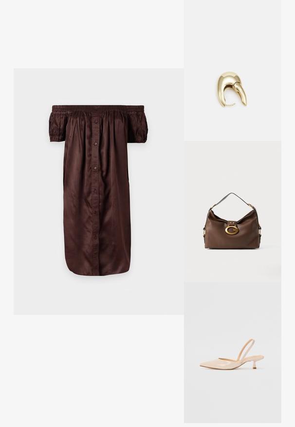 Rjava obleka brez naramnic iz gladkega materiala, z gumbi spredaj, elastičnimi rokavi in sproščenim krojem.; Bež čevlji na peto iz patentiranega usnja, s koničastim nosom in ozko kvadratno peto. Gladka tekstura in minimalističen dizajn brez okrasja.; Rjavo usnjeno ročna torbica z teksturirano površino, ki ima zlato toniran zaklep in en sam, ukrivljen naramnico.; Uhane nakit iz zlatastega tona z gladko, ukrivljeno zasnovo. Ima edinstveno koničasto obliko, polirano površino in zaponko s tečajem.