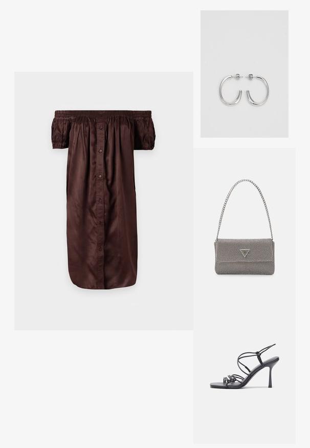 Mekko, jossa on ruskea off-the-shoulder-muotoilu, valmistettu sileästä kankaasta. Mekossa on nappilista edessä, elastiset hihat ja rento siluetti.; Mustat korkokengät sandaalit, joissa on ohuet hihnat solmittuna, sileä neliön muotoinen varvasosa ja tyylikäs stiletto-korko.; Vaalea harmaa metallinen käsilaukku, jossa on ketjusanka. Laukku on koristeltu pienillä pyöreillä metallikoruilla ja kolmion muotoisella brändilogolla.; Hopehopeet hopehopeet hopehopeet hopehopeet, jolla on sileä, kiiltävä pinta. Pyöreä muoto, kevyt rakenne, jossa on neulakiinnitys.