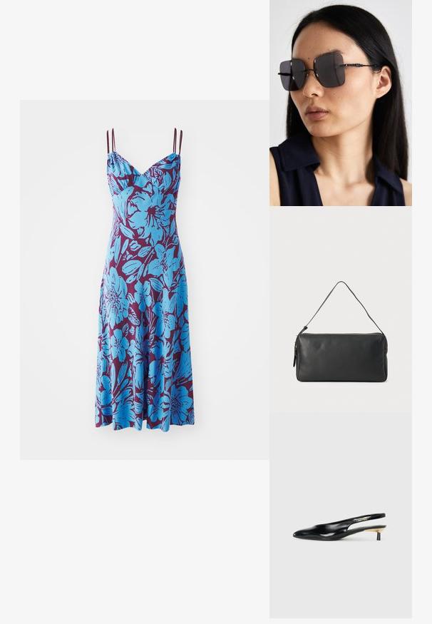 Mėlynos gėlės raštuotas be rankovių suknelė tamsiai purpuriniame fone; turi reguliuojamus špagetės tipo petnešas ir laisvą siluetą.; Juodos slingback aukštakulniai su pailgu pirštu, blizgi odinė apdaila ir mažas kulnas su auksiniu akcentu. Išmanus dizainas su atviru nugara.; Dideli juodi saulės akiniai su kvadratiniais objektyvais, plonais juodais rėmeliais ir sudėtingais raštuotais šventyklų akcentais. Nešiojami modelio su ilgais juodais plaukais.; Juodas odinis rankinukas su plonu stačiakampiu pavidalu, užtrauktuko uždarymu ir viena petneša. Pasižymi lygia tekstūra ir minimalizmo stiliumi.