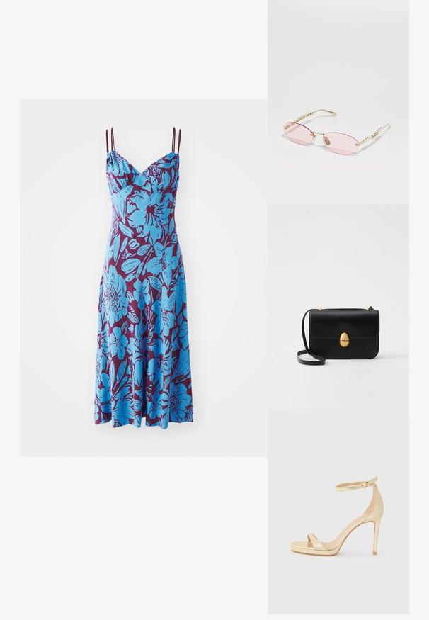 Vestido sem mangas em estampado floral azul sobre um fundo roxo intenso; apresenta alças finas ajustáveis e um corte descontraído.; Sandalha de salto alto metálica dourada com bico aberto, tira no tornozelo com fivela e sola de plataforma para altura adicional. Textura suave.; Gucci Óculos de sol - gold-coloured/pink; Bolsa de mão em couro preto com uma forma rectangular estruturada. Apresenta um fecho oval dourado e uma alça para o ombro fina. Textura suave.