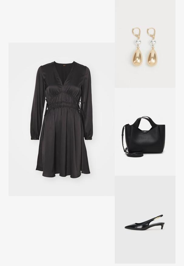 Melnas zīda kleitas ar garām piedurknēm, V-veida kakla izgriezumu un piekļautu jostasvietu. Plūstoša svārku daļa ar gludu tekstūru un minimālu rotājumu.; Melnas ādas slingback zābaki ar smailu purngalu, ar šauru papēdi un zelta krāsas akcentu uz regulējama siksniņas. Gluda tekstūra.; Melna ādas rokassomu ar teksturētu apdari, stūrainu formu, divām rokturiem un regulējamu plecu siksnu. Iezīmē DKNY logotipa akcentu.; Zeltaini pilienu auskari ar asaru formu, piedāvājot spīdīgu metālisku apdari un sudraba krāsas pērlīti kā akcentu.