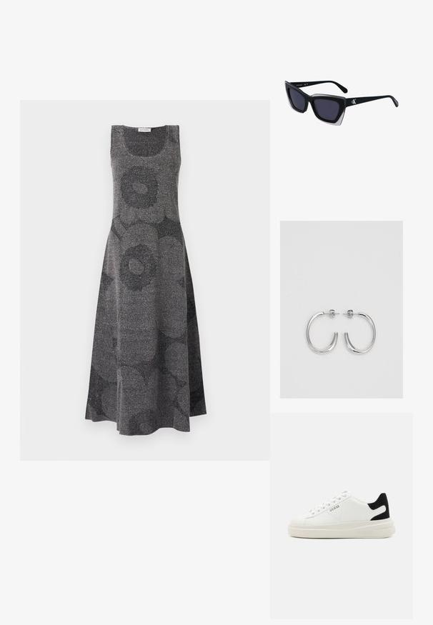 Bezrukávové šaty v čiernej a sivej farbe s textúrovaným kvetinovým vzorom, s dĺžkou po kolená a priliehavým telom prechádzajúcim do rozšírenej sukne.; Biele kožené tenisky s hrubou bielou podrážkou, čiernym zamekom na päte a vyrazeným logom na boku. Šnurovací dizajn so šiestimi očkami.; Čierne oversized slnečné okuliare s geometrickým tvarom, s tmavými šošovkami a kontrastným šedým detailom na ráme. Logo na mostíku.; Strieborné kruhové náušnice s hladkým a lesklým povrchom. Okrúhly tvar, ľahký dizajn, s uzáverom na kolík.