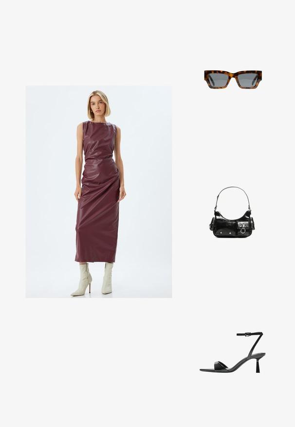 Koton Skjortklänning - bordeaux; Bershka Sandaletter - black; Sköldpaddsmönstrade solglasögon med kantiga bågar, grå linser och en mjuk yta. Har en djärv geometrisk design och tjocka skalmar.; Svart lackläderhandväska med en rundad form, en axelrem, framfickor och detaljer i silverfärg.