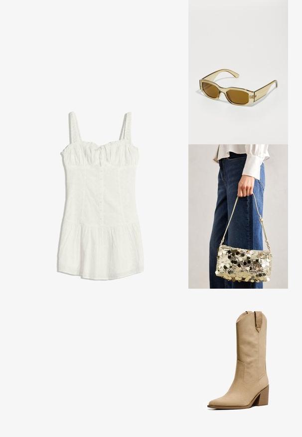 White sleeveless dress with eyelet fabric, button-down front, ruched bust, fitted waist, and flared skirt hem.; Bershka HIGH-HEEL - Cowboy/Biker boots - beige; Transparent amber sunglasses with rectangular lenses, thick arms, and a glossy finish, featuring a subtle logo on the side.; Gold sequin handbag with a rectangular shape, smooth texture, and a thin strap. The sequins create a reflective surface, enhancing its appearance.
