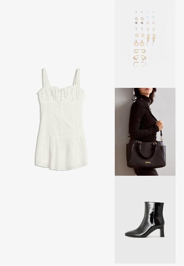 Bielize biele šaty bez rukávov z očkovanej textílie, s gombíkovou prednou časťou, nariadeným poprsím, priliehavým pásom a rozšíreným lemom sukne.; Čierne lakované členkové topánky s špicatou špičkou a stredne vysokým blokovým podpätkom. Hladká textúra a minimalistický dizajn.; Čierna kabelka s textúrovaným povrchom, dvojitými hornými rúčkami a nastaviteľným ramenným popruhom. Obsahuje zlaté kovanie a bočné vrecká.; Súprava náušníc v zlatom odtieni obsahujúca rôzne dizajny, vrátane puzetových, kruhových a visiacich kúskov s perlami a rhinestones.