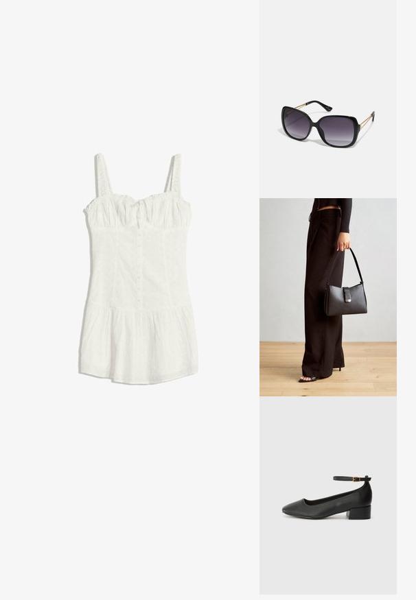 Fehér ujjatlan ruha lyukacsos anyagból, gombos elülső rész, ráncolt mellrész, illeszkedő derék és bővülő szoknyások.; Fekete bőr magassarkú cipő hegyes orral és alacsony tömb sarkal. Bokapánttal rendelkezik, aranyszínű csattal. Simább textúra.; Fekete, oversize napszemüveg fokozatos árnyalatú lencsékkel, vastag kerettel és arany színű lánc díszítéssel a szárakon.; Fekete kézi táska strukturált formával, sima textúrával és fémből készült záródással. Széles fekete nadrággal és nyitott orrú szandállal párosítva, fából készült padlón.