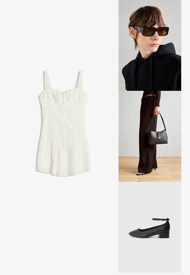 Fehér ujjatlan ruha lyukacsos anyagból, gombos elülső rész, ráncolt mellrész, illeszkedő derék és bővülő szoknyások.; Fekete bőr magassarkú cipő hegyes orral és alacsony tömb sarkal. Bokapánttal rendelkezik, aranyszínű csattal. Simább textúra.; Fekete, túlméretezett napszemüveg, fényes felülettel, téglalap alakú, barna színű lencsékkel és arany logóval a szárakon.; Fekete kézi táska strukturált formával, sima textúrával és fémből készült záródással. Széles fekete nadrággal és nyitott orrú szandállal párosítva, fából készült padlón.