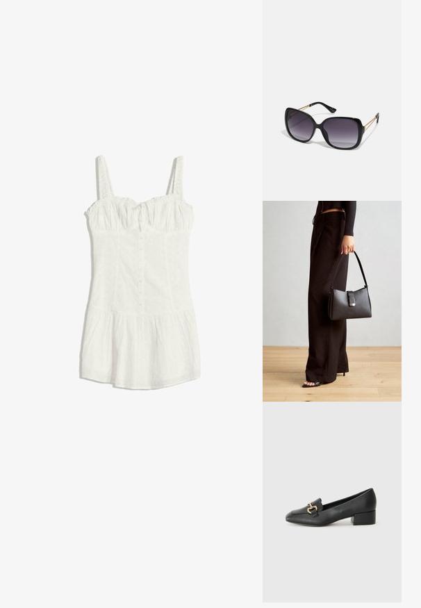 Bijela haljina bez rukava od čipkastog materijala, s patentnim zatvaračem sprijeda, naboranom košaricom, prilagođenim strukom i raširenim rubom suknje.; Crne kožne mokasine s ravnim potplatom, s dekorativnim zlatnim detaljem sprijeda i glatkom teksturom.; Crne prevelike sunčane naočale s gradijentnim lećama, debelim okvirom i zlatnim lancem kao detaljem na krakovima.; Crna torba s oblikom koji sadrži strukturu, glađu teksturu i metalnu kopču. Uparena s širokim crnim hlačama i sandalama na otvorenom s drvenog poda.