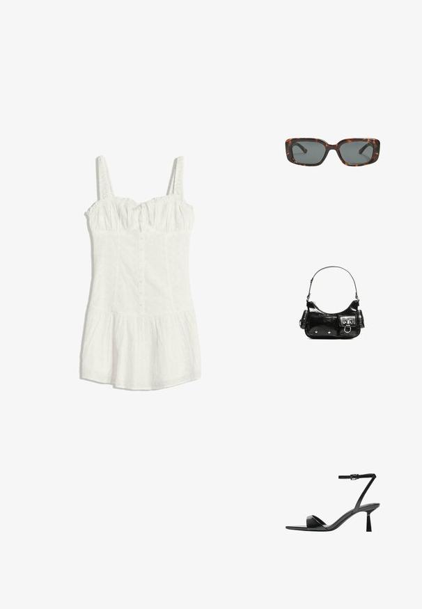 Biała sukienka bez rękawów z tkaniny z otworami, zapinana na guziki z przodu, marszczona w okolicy biustu, dopasowana w talii i z rozkloszowanym dołem.; Bershka - Sandały na obcasie; Okulary przeciwsłoneczne w kratkę w kształcie prostokątnym, z grubymi oprawkami i ciemnymi szkłami. Gładka faktura i minimalistyczny design.; Czarna torebka z lakierowanej skóry o zaokrąglonym kształcie, z jednym paskiem na ramię, przednimi kieszeniami i akcentami w kolorze srebrnym.
