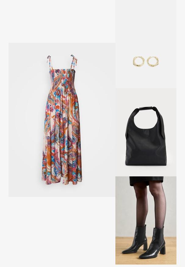 Maxi obleka s smockanim bodicem, nastavljivimi vrvicami in živahnimi paisley vzorci v roza, oranžni in modri barvi na svetli podlagi.; Črne usnjene gležnjarje s koničastim nosom, masivnim kvadratnim petam in sleek oblikovanjem. Imajo elastične stranske panele za enostavno obuvanje.; Črna usnjena torba hobo z enim mehkobnim, okroglim ročajem; ima gladko teksturo in minimalističen dizajn. Brez vidnih kovinskih delov ali poudarkov.; Zlate obročaste uhane z teksturirano, nepravilno obliko. Imajo brezšivno zapiranje in poliširano površinsko obdelavo, kar poudarja sodoben dizajn.