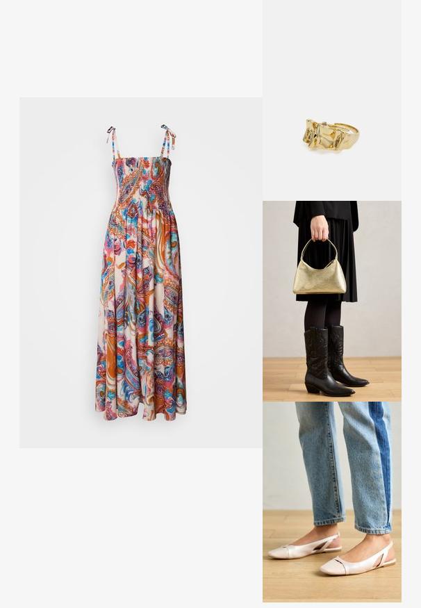 Maxikjole med smock-bodice, justerbare stropper og et livlig paisley-mønster i rosa, oransje og blå på en lys bakgrunn.; Lys rosa slingback leiligheter med spiss tå, laget av et glatt, læraktig materiale. Har utskjæringer på sidene og lav hæl.; Gullfarget håndveske med buet form og kort håndtak, holdt av en person iført et svart plisserte skjørt og svarte lær cowboystøvler.; Gullring med teksturert, bølgete design som har tre fremtredende topper. Glatt, blank overflate med åpen ring for justerbar passform.