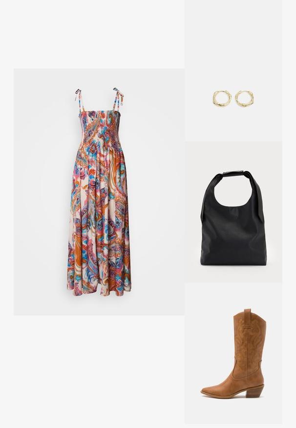 Maxi šaty so smockovaným korzetom, nastaviteľnými viazacími ramienkami a živou paisley potlačou v ružovej, oranžovej a modrej farbe na svetlom pozadí.; Hnedé kožené kovbojské topánky s špicatou špičkou, vyšívanými vírivkami na štýle a blokovým podpätkom. Obsahuje praktický pútko na ľahké obúvanie.; Čierna kožená hobo taška s jedným mäkkým, zaobleným uchom; má hladkú textúru a minimalistický dizajn. Žiadne viditeľné kovanie ani akcenty.; Zlaté kruhové náušnice s textúrovaným, nepravidelným tvarom. Majú bezšvové uzatváranie a lesklý povrch, čo podčiarkuje moderný dizajn.