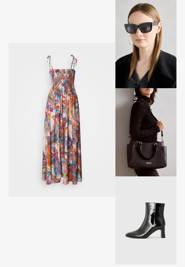 Vestido maxi com corpete franzido, alças ajustáveis e padrão paisley vibrante em rosa, laranja e azul sobre um fundo claro.; Botim de tornozelo em pele sintética preta com bico apontado e salto bloco de altura média. Textura suave e design minimalista.; Óculos de sol pretos em formato de gato com lentes escuras, armações grossas e acentos subtis. Usados com um casaco preto e uma blusa cinza, apresentando cabelo longo e liso.; Bolsa preta com superfície texturizada, alças superiores duplas e alça de ombro ajustável. Apresenta ferragens em tom dourado e bolsos laterais.