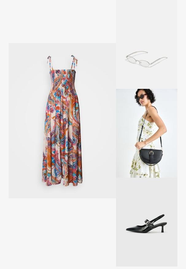 Maxi ruha smockolt felső résszel, állítható kötőpántokkal és élénk paisley mintával, rózsaszín, narancs és kék színekkel, világos háttéren.; Fekete lakkbőr slingback sarkú cipők hegyes orral és kis blokk talppal, ezüst csat díszítéssel a pánton.; Ovális szemüveg fém ezüst kerettel, átlátszó lencsékkel és texturált gyöngyös szárakkal. Könnyű kialakítás ívelt karokkal.; Fekete bőrtáska ívelt formával, levehető pánttal és arany színű fémrészekkel. A táskán egy csattal díszített fedél található.