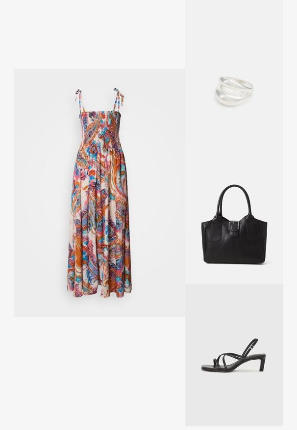 Maxi haljina sa nabranim bodicom, podesivim vezicama i živopisnim paisley uzorkom u ružičastoj, narančastoj i plavoj boji na svijetloj pozadini.; Crne sandale s trakama, kvadratnim prstom i niskom blok petom. Ima više tankih trakica i podesivu trakicu oko gležnja. Izrađene su od glatke kože.; Crna kožna torba za nošenje s glatkom teksturom, strukturiranim oblikom, dvije ručke i istaknutim srebrnim kopčanjem na prednjoj strani.; Srebrna dvostruka prsten s glatkom, poliranom površinom. Karakterizira ga fluidan, zakrivljen dizajn s preklapajućim sekcijama za moderan izgled.