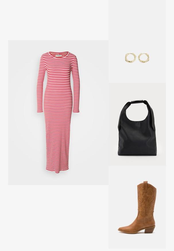 Randig långärmad klänning i röd och vit. Ribbad textur, figursydd silhuett, rund halsringning och heltäckande kjol med sidofickor.; Bruna lädercowboystövlar med spetsig tå, broderade virvelmönster på skaftet och en staplad blockklack. Har en dragflik för enkel påtagning.; Svart läderhandväska med en stor öppen topp och en enkel axelrem. Mjuk textur, minimalistisk design, med subtila metallaccenter.; Guldörhängen i form av ringar med en texturerad, oregelbunden form. Har en sömlös stängning och en polerad yta som betonar en modern design.