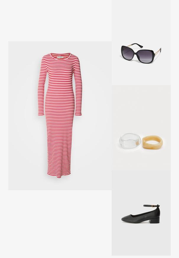Stripet langermet kjole i rød og hvit. Ribbestruktur, tettsittende silhuett, rund halslinning og lang skjørt med sidesliss.; Sorte skinnpumper med spiss tå og lav blokkhelt. Har ankelrem med gullfarget spenne. Glatt tekstur.; Sorte oversized solbriller med gradient linser, tykke rammer og detaljering med gulltonekjede på tempelarmene.; Klare og ravfargede harer, den ene glatt og gjennomsiktig, den andre med en teksturert, ravfarget finish. Begge har avrundede, kraftige design.