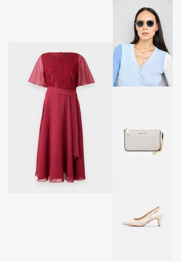 Punane kleit, millel on pitsist kehaosa koos sädeleva kaunistusega ja läbipaistev lühike varrukas, rõhutatud sobituvast kangast vööga ning voolava seelikuga.; Valge slingback konts, terava ninaga, siledast ülemisest materjalist, madala ploki kontsaga ja külgse nähtavusega ning reguleeritava pandla rihmaga.; Ringikujulised prillid tumedate läätsede ja kullast raamiga. Mudel on selga pannud helesinise soonikuga kardigani, millel on nupud ja kontrastsed valged varrukad.; Michael Korsi randmevõru beige kaetud kangast, millel on korduv MK logo muster, kuldne riistvara ja eemaldatav ahelistrap.