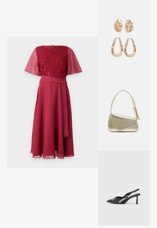 Robe rouge avec un corsage en dentelle orné de sequins et des manches flottantes transparentes, soulignée par une ceinture en tissu assorti et une jupe fluide.; Chaussure slingback en cuir verni noir avec un embout pointu, des brides de cheville avec des boucles en argent et des éléments en métal, et un talon fin.; Sac à main en métal doré avec un design structuré, texture lisse et bandoulière ajustable. Présente une forme triangulaire unique et des coutures minimalistes.; Boucles d'oreilles dorées présentant des formes texturées et ondulées. Comprend des clips sculpturaux et un design de créoles ouvertes avec une finition martelée.