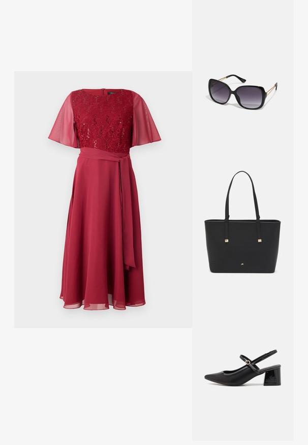Robe rouge avec un corsage en dentelle orné de sequins et des manches flottantes transparentes, soulignée par une ceinture en tissu assorti et une jupe fluide.; Escarpins slingback en cuir verni noir avec un embout pointu, un design à découpes arrondies et un talon carré. Présente un accent de boucle en ton doré.; Lunettes de soleil noires surdimensionnées avec des verres dégradés, monture épaisse et détails en chaîne dorée sur les branches.; Sac fourre-tout noir en matériau synthétique, avec un design rectangulaire simple, des accents carrés dorés et des doubles poignées.