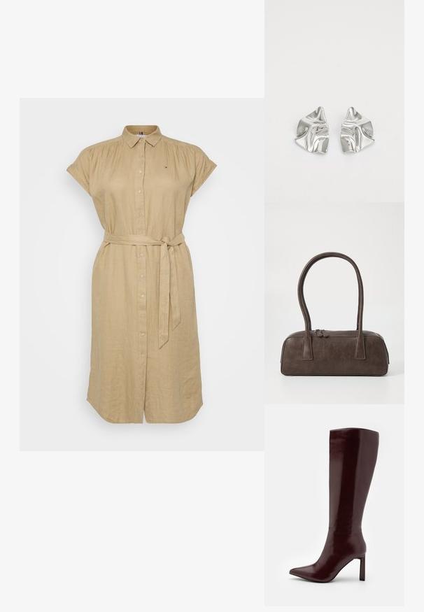 Beiges Leinenhemdkleid mit kurzen Ärmeln, Knopfverschluss vorne und einem gebundenen Gürtel in der Taille. Mit einem kleinen Logo auf der Brust.; Even&Odd Stiefel - dark red; Braune Lederhandtasche mit zwei stabilen Griffen, rechteckiger Form, glatter Oberfläche und Reißverschluss. Minimalistisches Design ohne sichtbare Muster.; Silberne Metallohrringe mit einem wellenförmigen, skulpturalen Design, das eine polierte Oberfläche und unregelmäßige Formen aufweist, die eine zeitgenössische Ästhetik betonen.