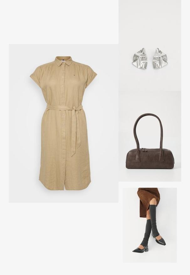 Abito camicia in lino beige con maniche corte, chiusura frontale con bottoni e cintura annodata in vita. Presenta un piccolo logo sul petto.; Scarpe nere in pelle verniciata con punta affilata, tacco a blocco e cinturino alla caviglia, abbinate a scaldamuscoli grigi a coste e una gonna in suede marrone.; Borsa a mano in pelle marrone con due manici robusti, forma rettangolare, texture liscia e chiusura con zip. Design minimalista senza motivi visibili.; Orecchini in metallo argento con un design ondulato e scultoreo, caratterizzati da una finitura lucida e forme irregolari, che evidenziano un'estetica contemporanea.
