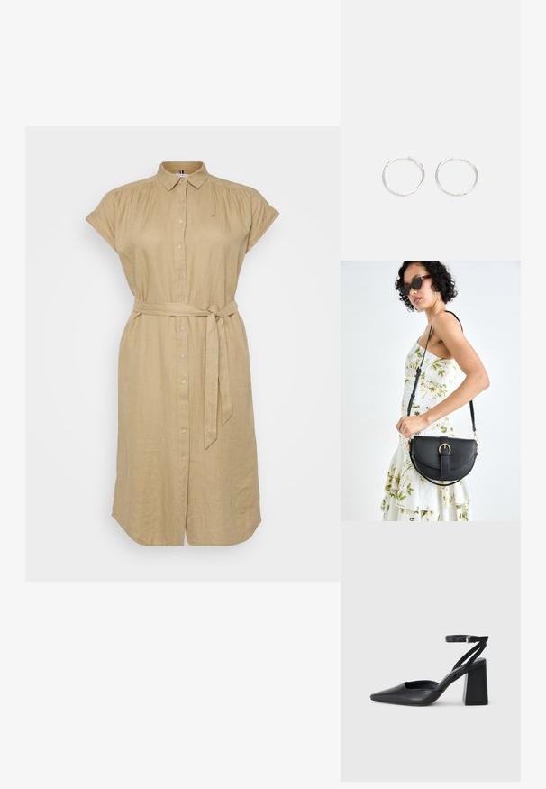 Beige linned kjole med korte ærmer, knaplukning foran og et bindebælte i taljen. Har et lille logo på brystet.; Sort læder spidse pumps med ankelrem og en chunky hæl. Flad tekstur, slankt design og minimalistisk æstetik.; Sort læderhåndtaske med en buet form, aftagelig rem og guldfinish. Tasken har en klap med en spænde detalje.; Sølv hoop øreringe med et slankt, rundt design, der har en glat overflade og ingen synlige udsmykninger. Diameter ikke specificeret.