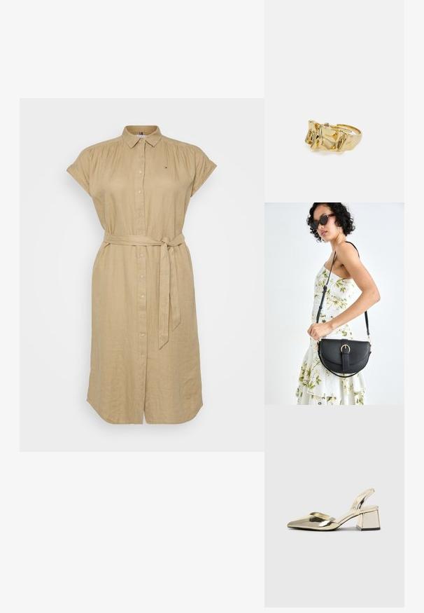 Beige lin skjortekjole med korte ermer, knapp frontlukking og en knyttet belte i livet. Har en liten logo på brystet.; Gull, metallisk slingback-hæler med spiss tå og chunky hæl. Glatt tekstur, minimalistisk design og en smal stropp.; Svart lærveske med en buet form, avtagbar stropp og gullbeslag. Vesken har et klaff med spenne-detall.; Gullring med teksturert, bølgete design som har tre fremtredende topper. Glatt, blank overflate med åpen ring for justerbar passform.