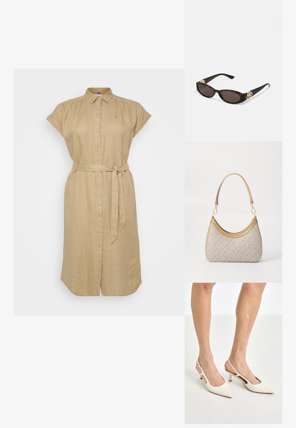 Beiges Leinenhemdkleid mit kurzen Ärmeln, Knopfverschluss vorne und einem gebundenen Gürtel in der Taille. Mit einem kleinen Logo auf der Brust.; Beige Lackleder Slingback-Absätze mit spitzem Fuß und 5 cm Absatz, mit ausgeschnittenen Seiten und einem schmalen Knöchelriemen.; Schildpatt-Sonnenbrille mit länglich-ovalen Gläsern, braunem Farbton, goldenen Logo-Akzenten an den Bügeln und schlanken schwarzen Bügeln.; Beige gemusterte Handtasche mit geschwungener Form, Lederakzenten und einem goldfarbenen Logo auf der Vorderseite. Verfügt über einen kurzen Griff für einfaches Tragen.; Perlen- und Kristallhalskette mit einem runden, perlenbesetzten Design in sanften Farbtönen, das abwechselnd Perlen und funkelnde Akzente zeigt, um den Hals getragen.