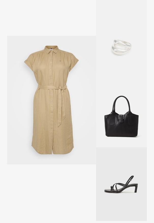 Šviesiai ruda lininė suknelė marškinių stiliaus su trumpomis rankovėmis, priekyje su knopkų uždarymu ir su diržu, įrištu ties juosmeniu. Yra nedidelis logotipas ant krūtinės.; Juodi šlepetės su kvadratiniu pirštu ir žemu bloku kulnu. Yra keli ploni dirželiai ir reguliuojamas kulkšnies diržas. Pagaminti iš lygios odos.; Juodas odinis nešiojamas krepšys su lygiu paviršiumi, struktūrine forma, dviem rankenėlėmis ir ryškiu sidabriniu sagties akcentu priekyje.; Sidabrinis dvigubas žiedas su lygiu, poliruotu paviršiumi. Pasižymi sklandžiu, kreiptu dizainu su persipinančiomis dalimis, suteikiančiomis modernų išvaizdą.; Sidabrinis dvigubas žiedas su lygiu, poliruotu paviršiumi. Pasižymi sklandžiu, kreiptu dizainu su persipinančiomis dalimis, suteikiančiomis modernų išvaizdą.