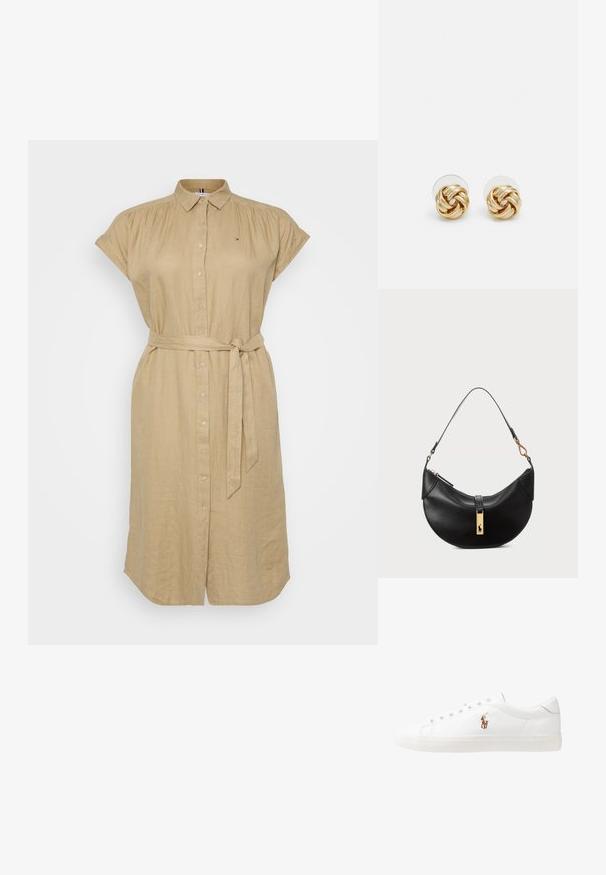 Beige linned kjole med korte ærmer, knaplukning foran og et bindebælte i taljen. Har et lille logo på brystet.; Hvide lædersneakers, lavtop design, med en glat tekstur, rund tå, snørret front og et lille broderet logo på siden.; Sort læderhåndtaske i halvmåneform. Har en gylden hardwaredetalje og en smal rem. Glat tekstur, lynlås lukning øverst.; Guldtonede knude-stud øreringe med et vredet design. Hver ørering har en cirkulær klar bagside for sikker brug.