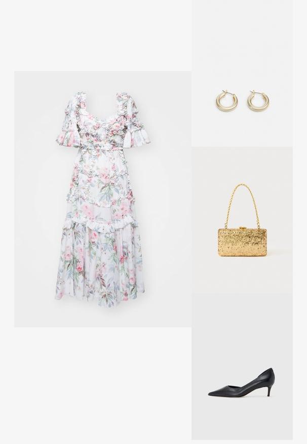 Robe maxi florale en tissu léger, avec des manches volantées, des volants à motifs répétés et un mélange de motifs floraux roses et verts.; Escarpin en cuir noir avec un bout pointu et un talon bas. Présente une texture lisse et un éclat subtil. Découpe ouverte à l'avant pour un détail supplémentaire.; Pochette en sequins dorés de forme rectangulaire, dotée d'une poignée en chaîne torsadée et d'une fermeture à fermoir en métal, réfléchissant la lumière avec une finition texturée.; Lauren Ralph Lauren BASIC SMALL HOOP - Boucles d'oreilles - gold-coloured