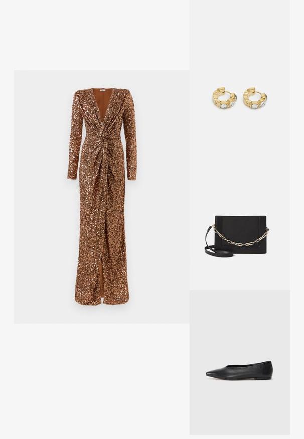 Vestido longo de paetês de bronze com mangas longas, decote em V profundo, detalhe de cintura franzida e fenda frontal sobre um fundo branco simples.; Bailarina de couro preto, bico fino, design minimalista, textura suave, salto baixo, sem hardware ou embelezamentos visíveis.; Bolsa crossbody de couro preto com uma textura suave, forma retangular e um detalhe em corrente metálica na frente. Inclui uma alça ajustável.; Brincos de argola dourados com um design texturizado e três cristais transparentes em um lado, oferecendo uma estética geométrica moderna.