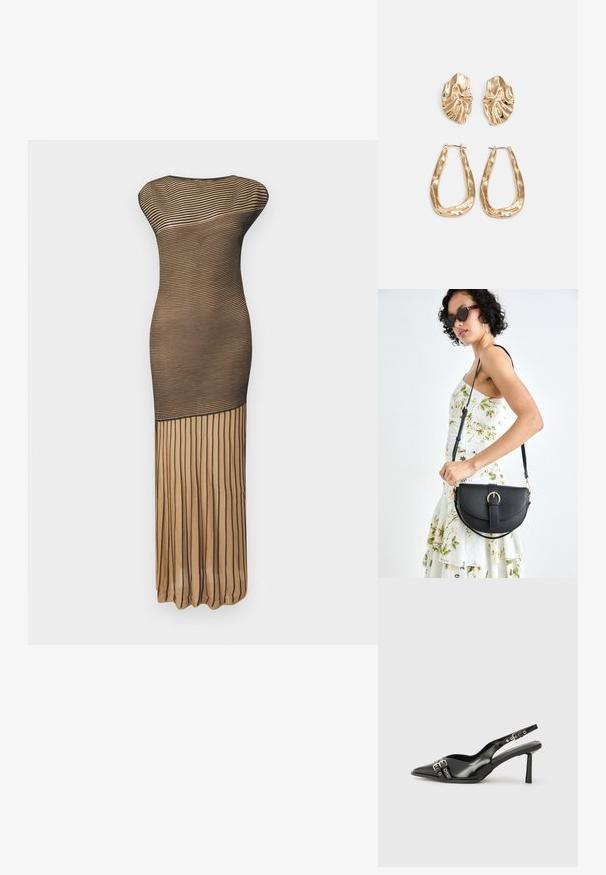 Schwarzes und beiges, transparent gestreiftes Kleid mit figurbetontem Design und einem bodenlangen Rock mit vertikalen Falten am Saum.; Schwarzer Lackleder Slingback-Schuh mit spitzem Zehenbereich, Knöchelriemen mit silbernen Schnallen und Beschlägen sowie einem schlanken Absatz.; Schwarze Lederhandtasche mit geschwungener Form, abnehmbarem Tragegurt und goldenen Beschlägen. Die Tasche verfügt über einen Deckel mit einer Schnallen-Details.; Ohrringe in Goldoptik mit strukturierten, gewellten Formen. Beinhaltet skulpturale Clip-Ohrringe und ein offenes Hoop-Design mit gehämmertem Finish.