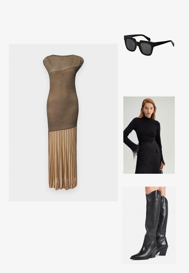 Sheer black and beige striped dress, fitted design, with a floor-length skirt featuring vertical pleats at the hem.; Black long-sleeve top with a mock neck and feathered accents on the cuffs, paired with a high-waisted black skirt featuring large buttons.; Black leather knee-high boots with a pointed toe, curved shaft, and chunky heel. Features a smooth texture and pull tabs on the top.; Black rectangular sunglasses with thick plastic frames and dark lenses. The arms are sleek with a glossy finish and minimal branding.; Black leather handbag with a curved design, gold-tone hardware, and a top handle. Features a sleek closure and smooth texture.